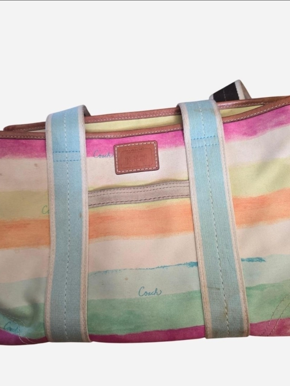 Coach Pastel Watercolor Stripe Canvas Tote with Blue Straps